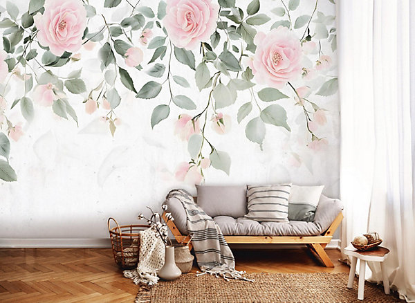 Papier Peint Panoramique Intissé Fleurs Feuilles Vert 350x250 cm - Colle Inclus - Chambre et Salon