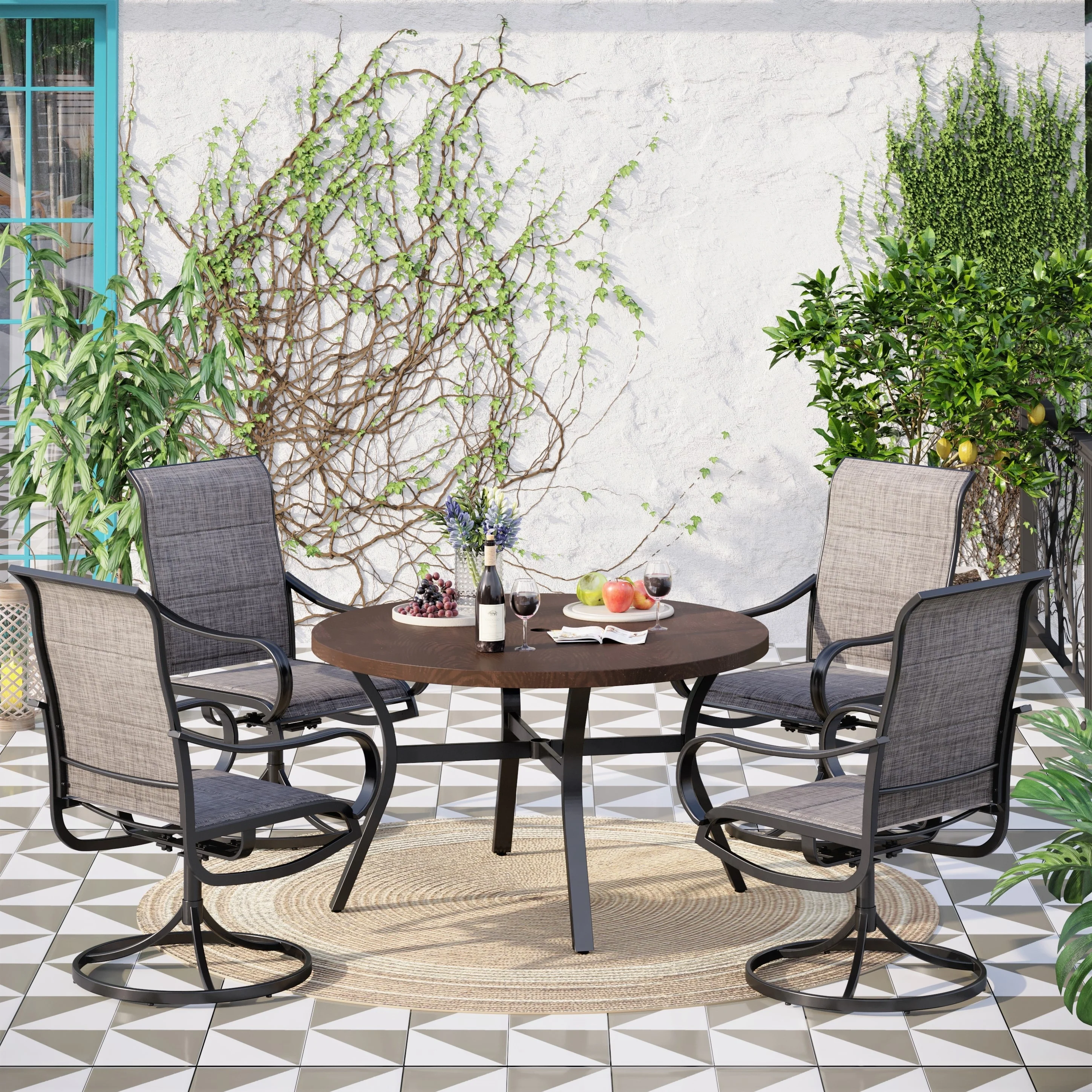 5 Pieces Outdoor Dining Set, 4 Quick Dry Foam Padded Swivel Chairs and 44 Round Metal Wood Grain Table