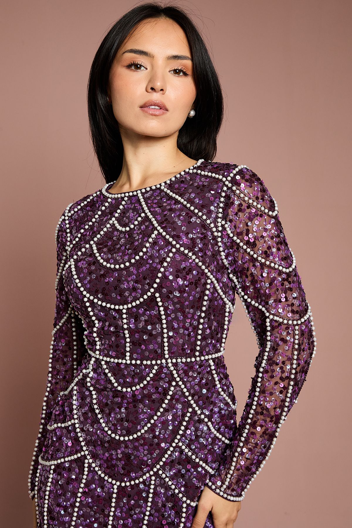 Coast Petite Pearl Detail Mini Dress With Long Sleeve