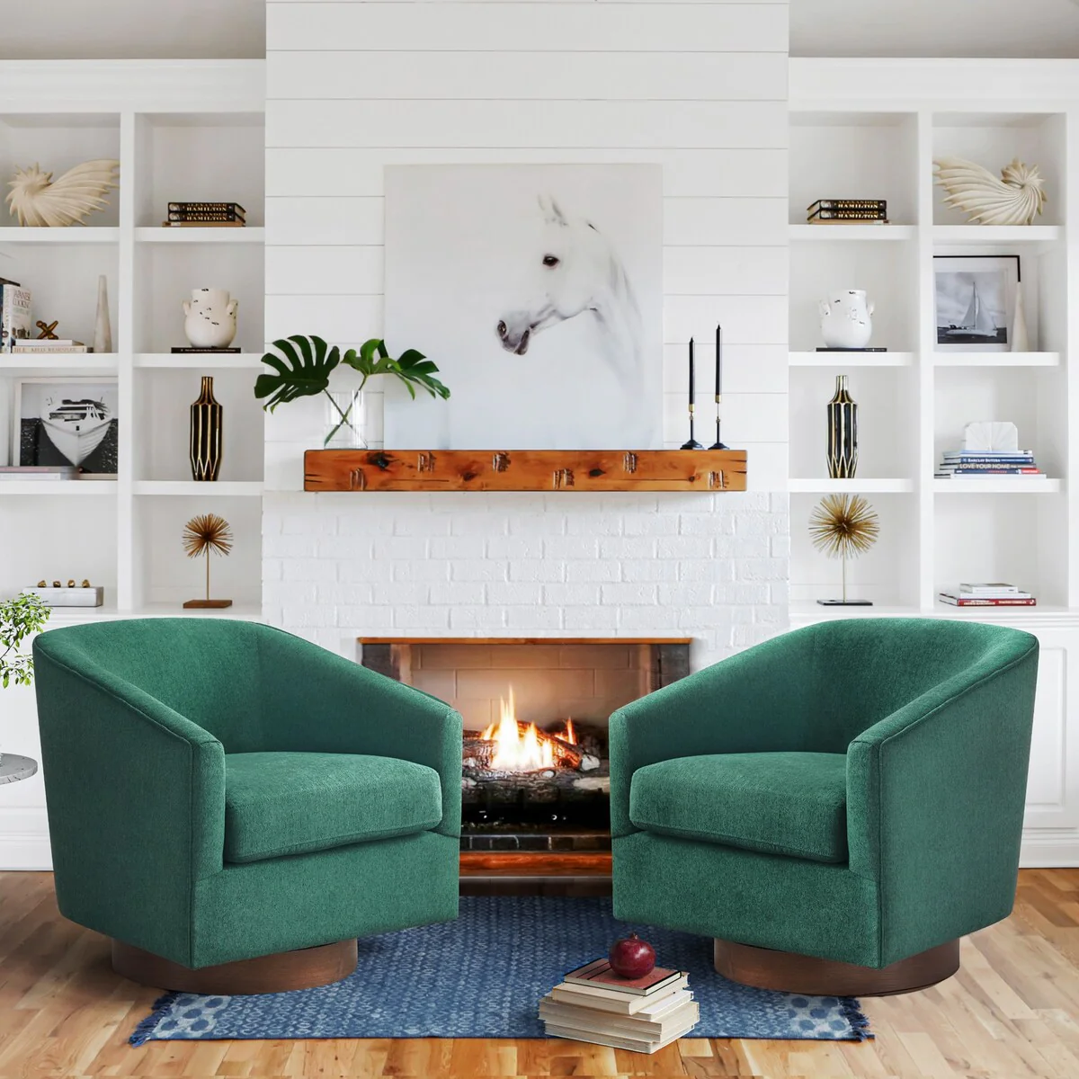 LUE BONA Modern Upholstered Wooden Accent Chair 360° Barrel Swivel Set of 2 Armchair for Living Room