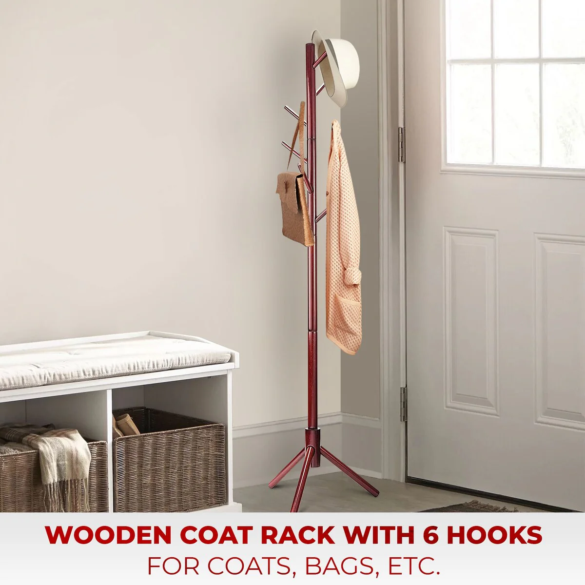 Cherry Wooden Freestanding Coat Rack with 6 Hooks - 18 wide