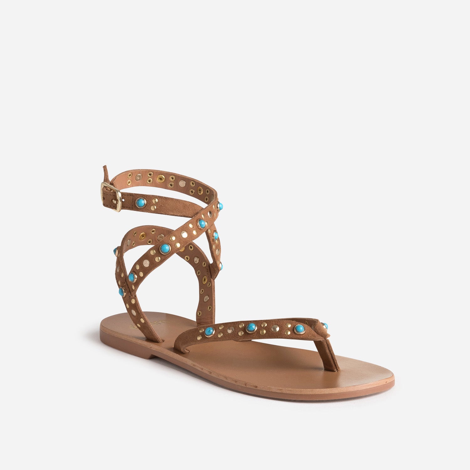 Sandale-tong camel cuir velours décor clous et perles