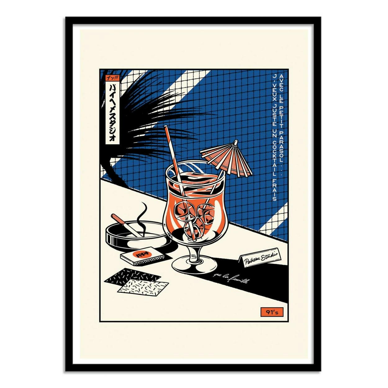 PAIHEME STUDIO - COCKTAIL - Affiche d'art avec Cadre bois noir - 30 x 40 cm
