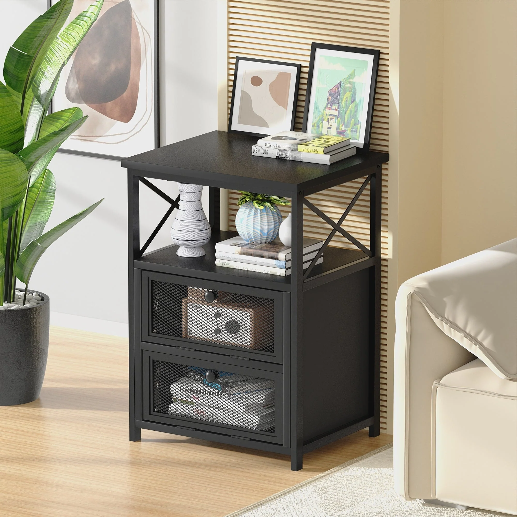 VECELO Night Stand, End Side Table with Storage Space and Door,Modern Nightstands for Living Room,Bedroom