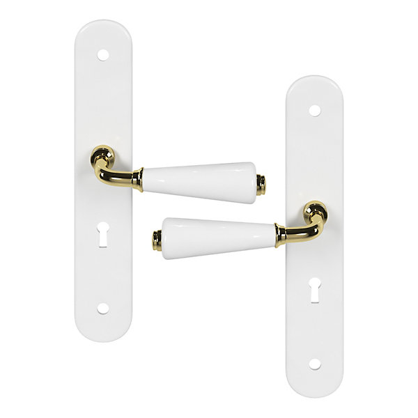 Ensemble poignée sur plaque Droit serrure GoodHome Porcelaine Vras blanc L.115mm x l.45mm entraxe 195mm
