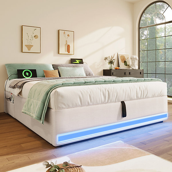 Lit Coffre 140x200 cm - Lit Double avec Poches de Rangement - Lin   MDF - Sans Matelas - Beige