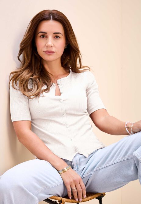 Womens White Ribbed Button Through Top
