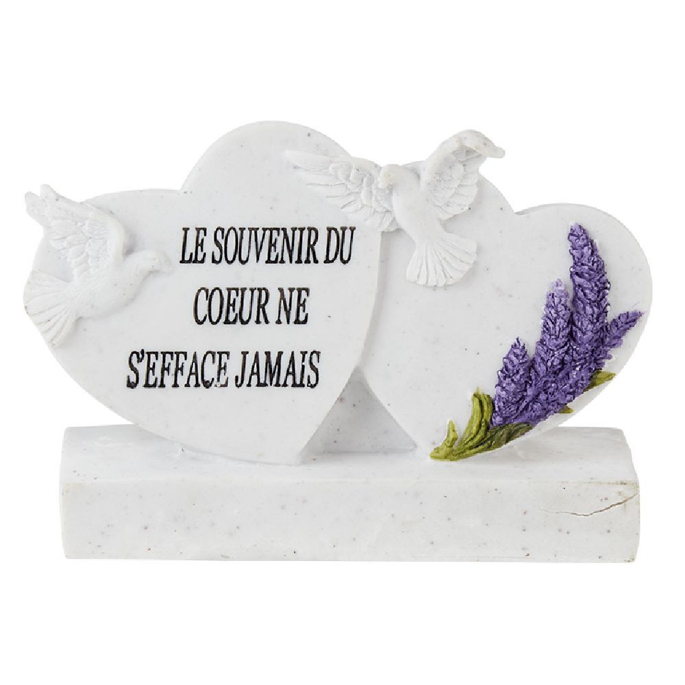 Coeur funéraire x2 sur socle blanc motif lavande