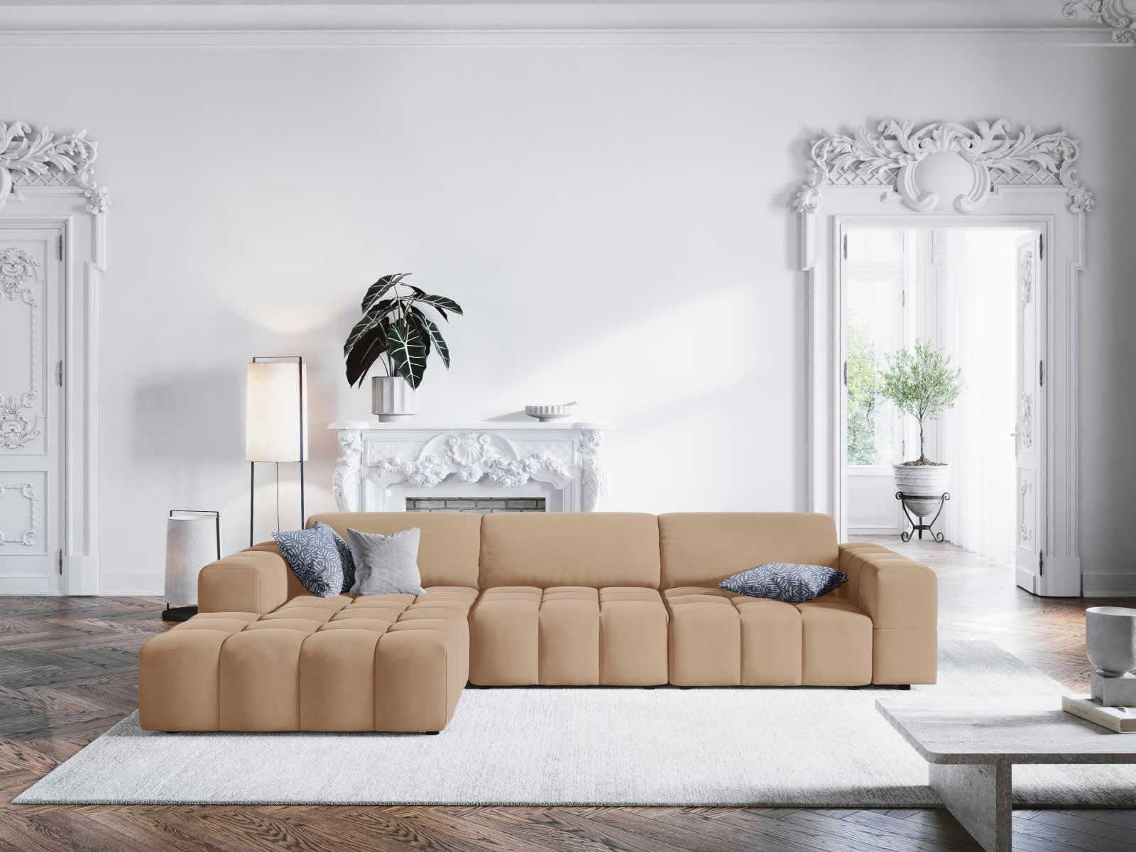 LUC - Canapé d'angle gauche 4 places en tissu velours beige foncé