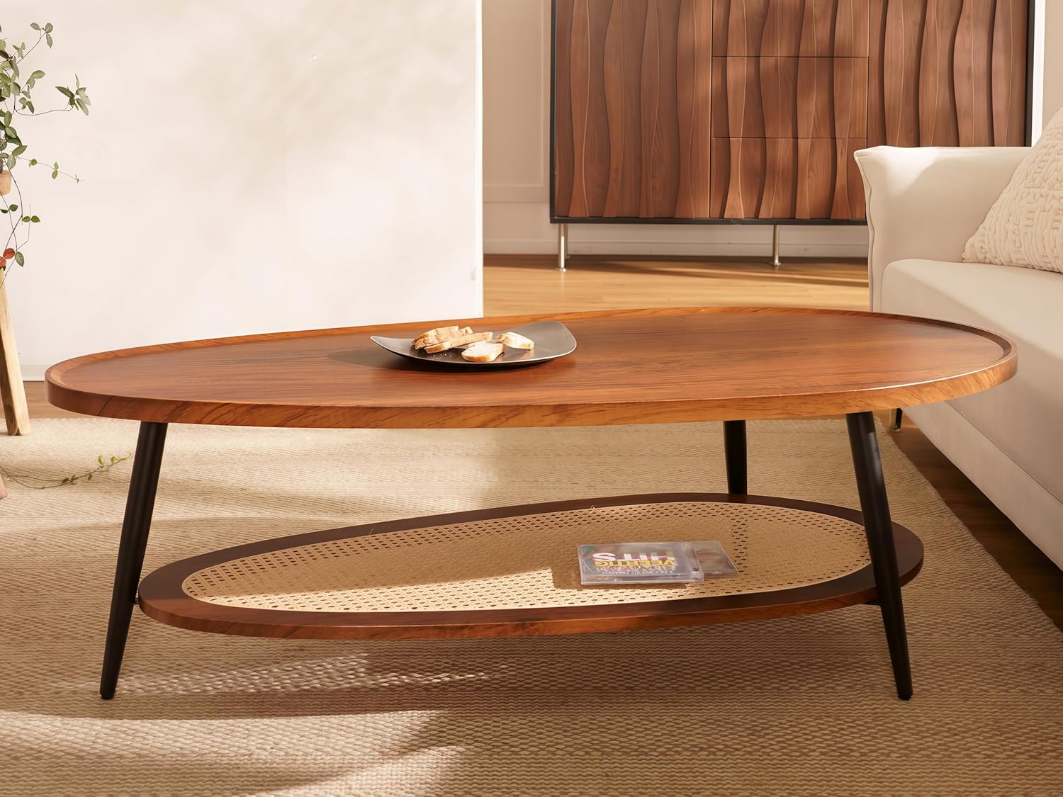 Shrine Oval Wood and Rattan Coffee Table, Mid-Century Modern Coffee Table, Two-Tier Brown Walnut Table for Living Room, D47.2''x W25''x H15.3'', Walnut Wood Top and Woven Rattan Base