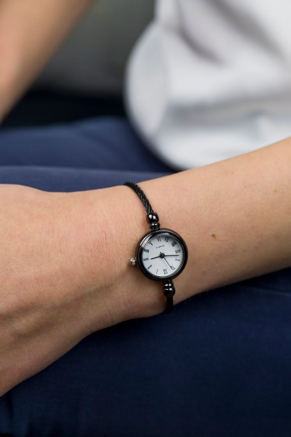The Colourful Aura Black Stainless Steel Roman White Dial Bangle Adjustable Bracelet Watch