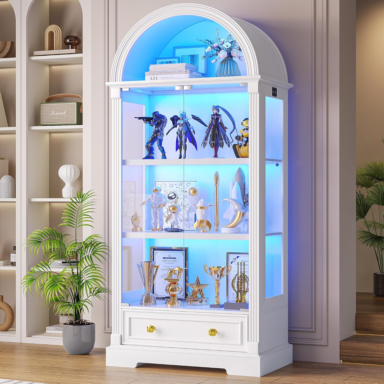 Arched Display Cabinet with Glass Doors, 72 Tall Curio Cabinet with Human Sensor Lights, 4-Tier Display Case for Collectibles Bookcase Living Room