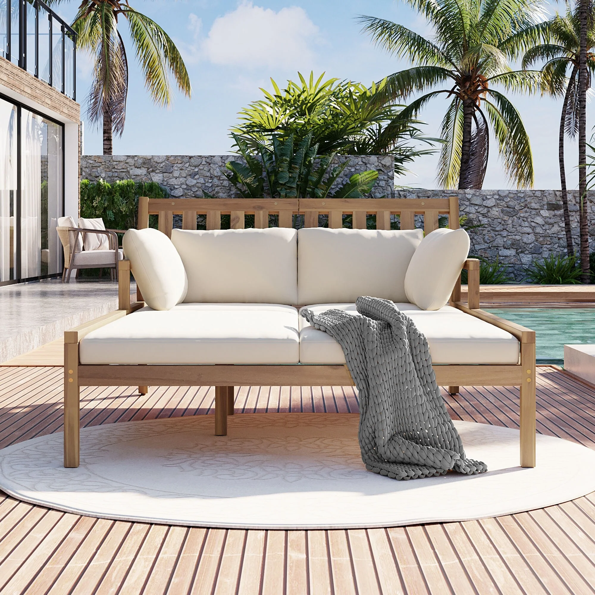 Outdoor Daybed,Patio Daybed With Four Pillows,Wooden Outdoor Bed With Curved Armrests For Poolside,Backyard,Garden