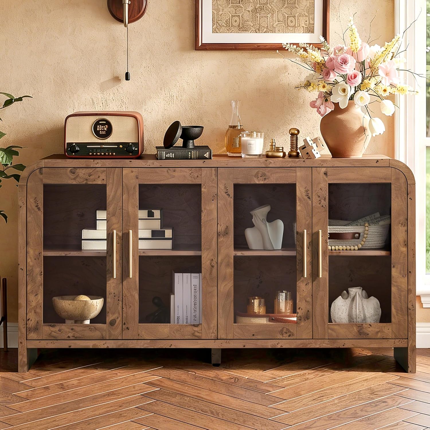Sideboard Buffet Cabinet Unique Curved Large Credenza Storage Cabinet with 4 Glass Doors, FSC-Certified Wooden Board Console Cabinet, Kitchen Coffee Bar Cabinet for Living Room, Hallway