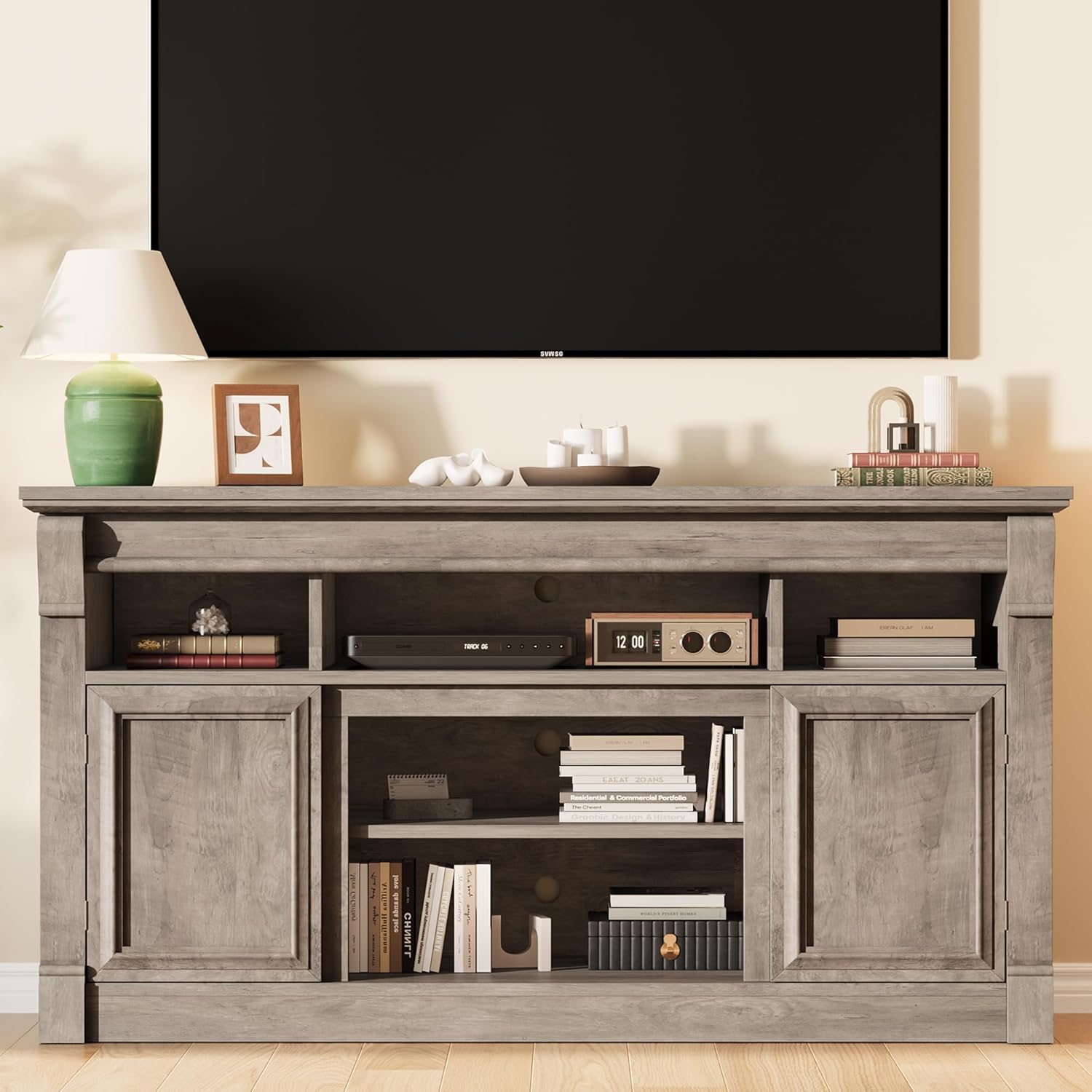 IDEALHOUSE Farmhouse TV Stand for TVs Up to 65, Entertainment Center with Open Storage & Adjustable Shelves, TV Console with Doors for Living Room and Bedroom