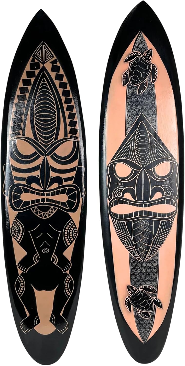 Things2Die4 Decorative Set of 2 Wall-Hanging Surfboards – Hand-Carved Wood with Tiki Mask Designs – Black with Natural Brown Accents – 39 inches Long – Tropical Island Inspired Wall Art