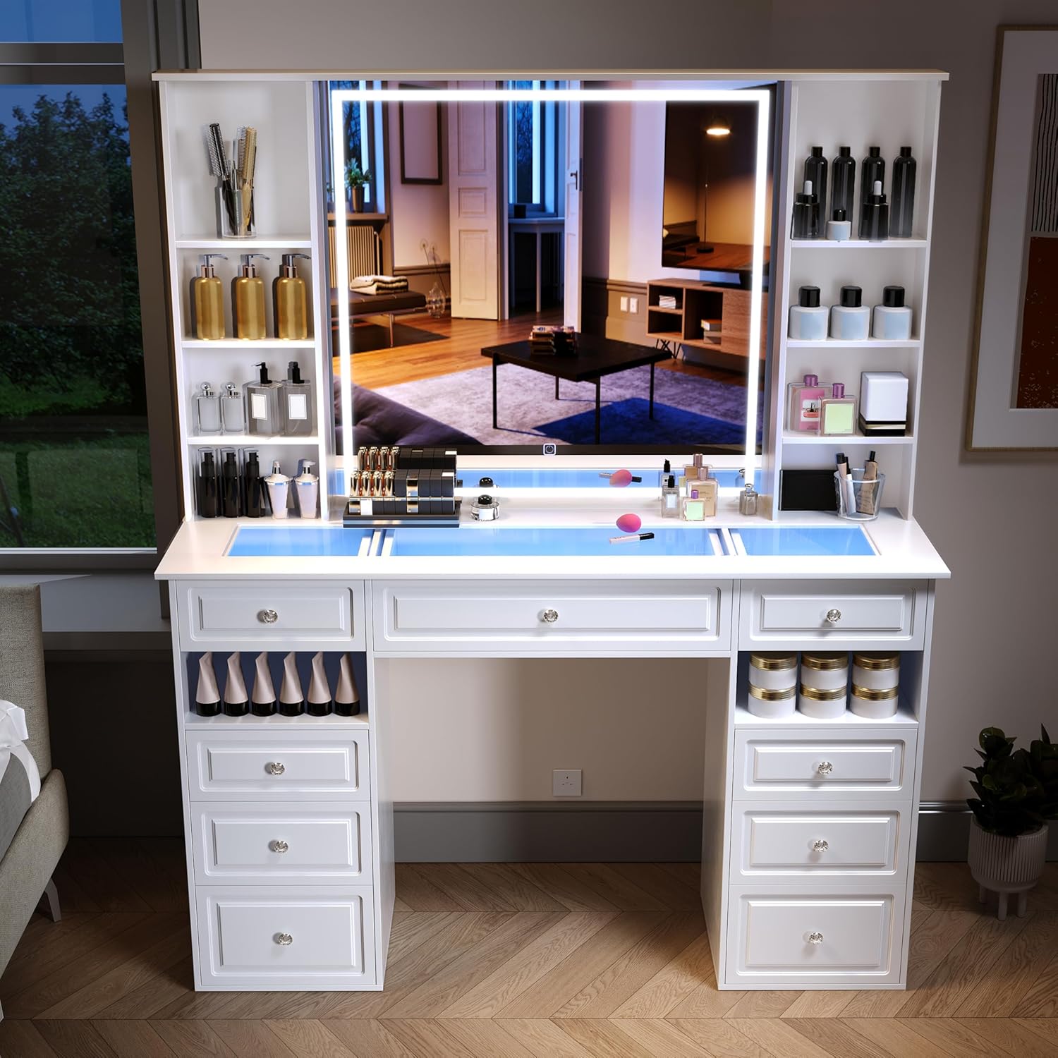 Vanity Desk with Mirror and Lights, Glass Top Dressing Table with 9 Drawers,European Style Vanity Table, Crystal Ball Knobs, White Makeup Desk (White-Glass Top)
