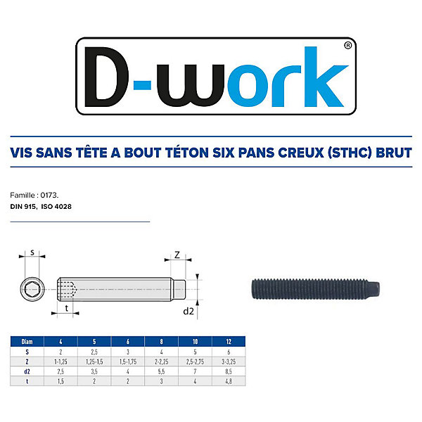 200 Vis Sans Tête 6 Pans Creux à Bout Téton STHC 4 x 8 mm - DIN 915 - 45H - Brut - D-Work