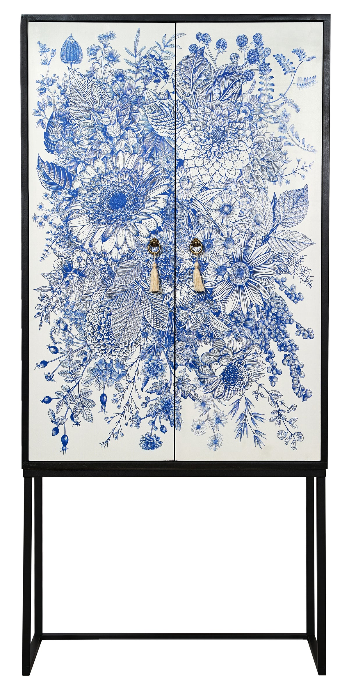 Kast dressoir met 2 deuren van MDF met blauw bloemenmotief