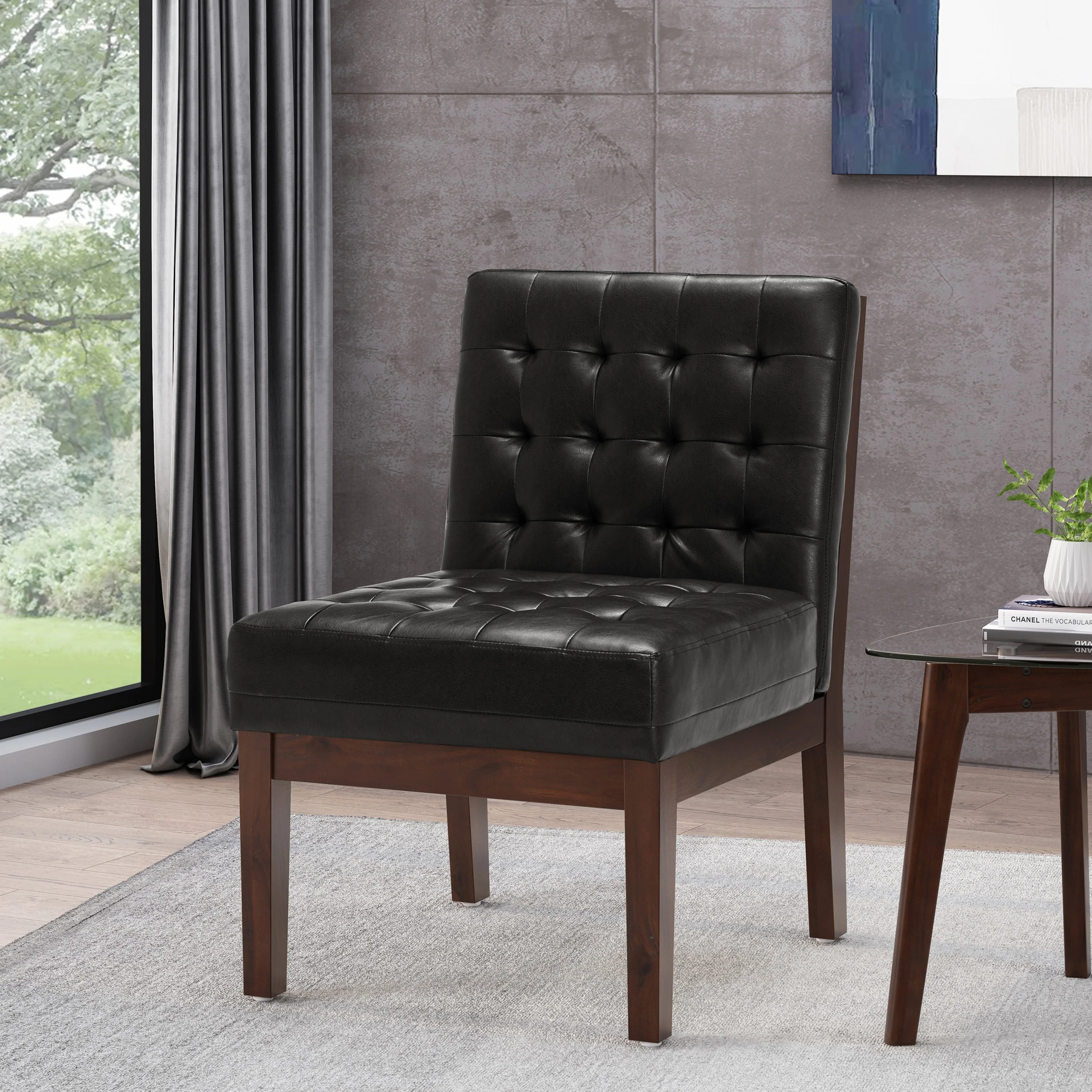 Roomfitters Tufted Faux Leather Accent Chair with Wood Legs, Modern Upholstered Chair for Living Room or Office