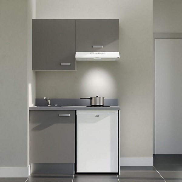 Kitchenette K01 - 120 cm - façades Gris - Plan monobloc en quartz coloris Cromo évier à gauche - Electroménager Blanc