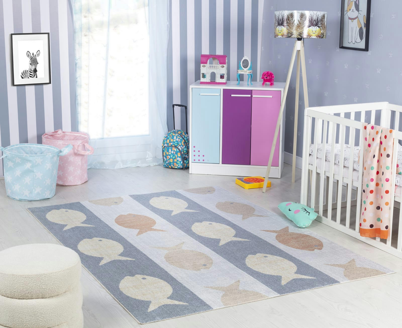 AQUAFIESTA - Tapis Enfant Lavable Poissons Beige/Gris/Orange 80x150