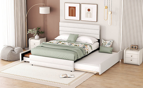 Lit plateforme 140x200cm avec 2 tiroirs, Beige