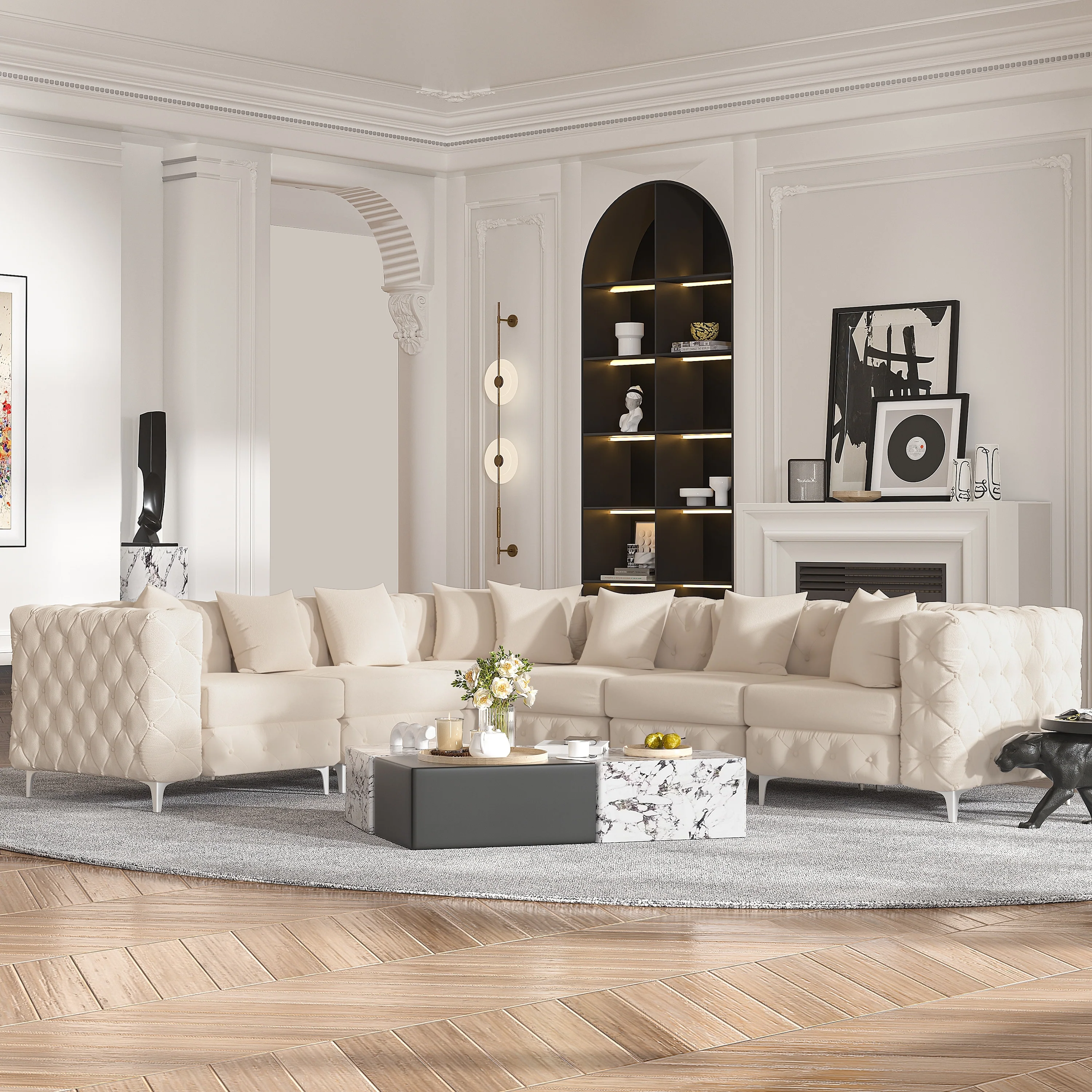 Large L-Shaped Modular Sofa, 6-Seat Velvet Sectional Couch