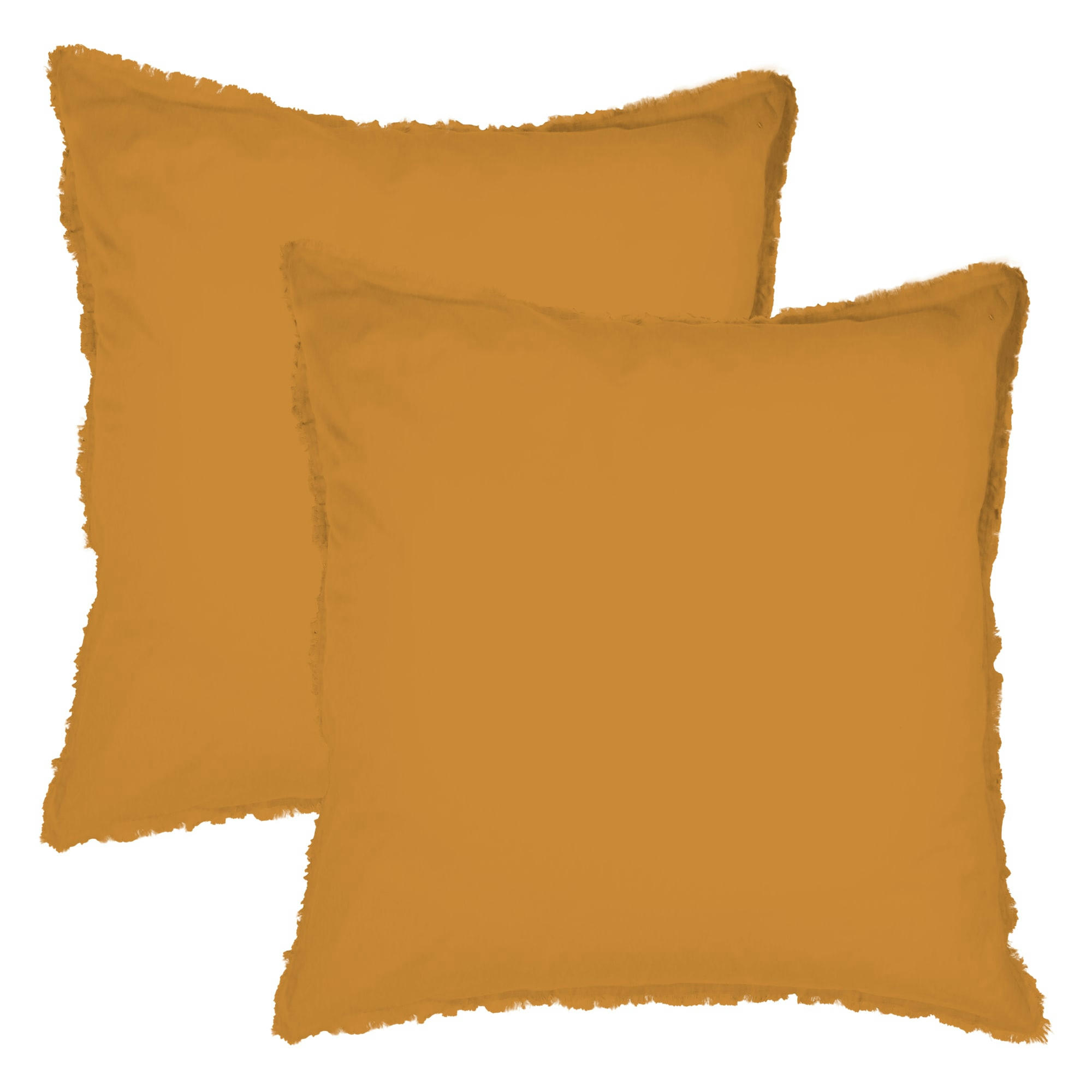 COTON LAVÉ - Set de 2 taies d’oreiller unies finition à franges Caramel 65x65cm