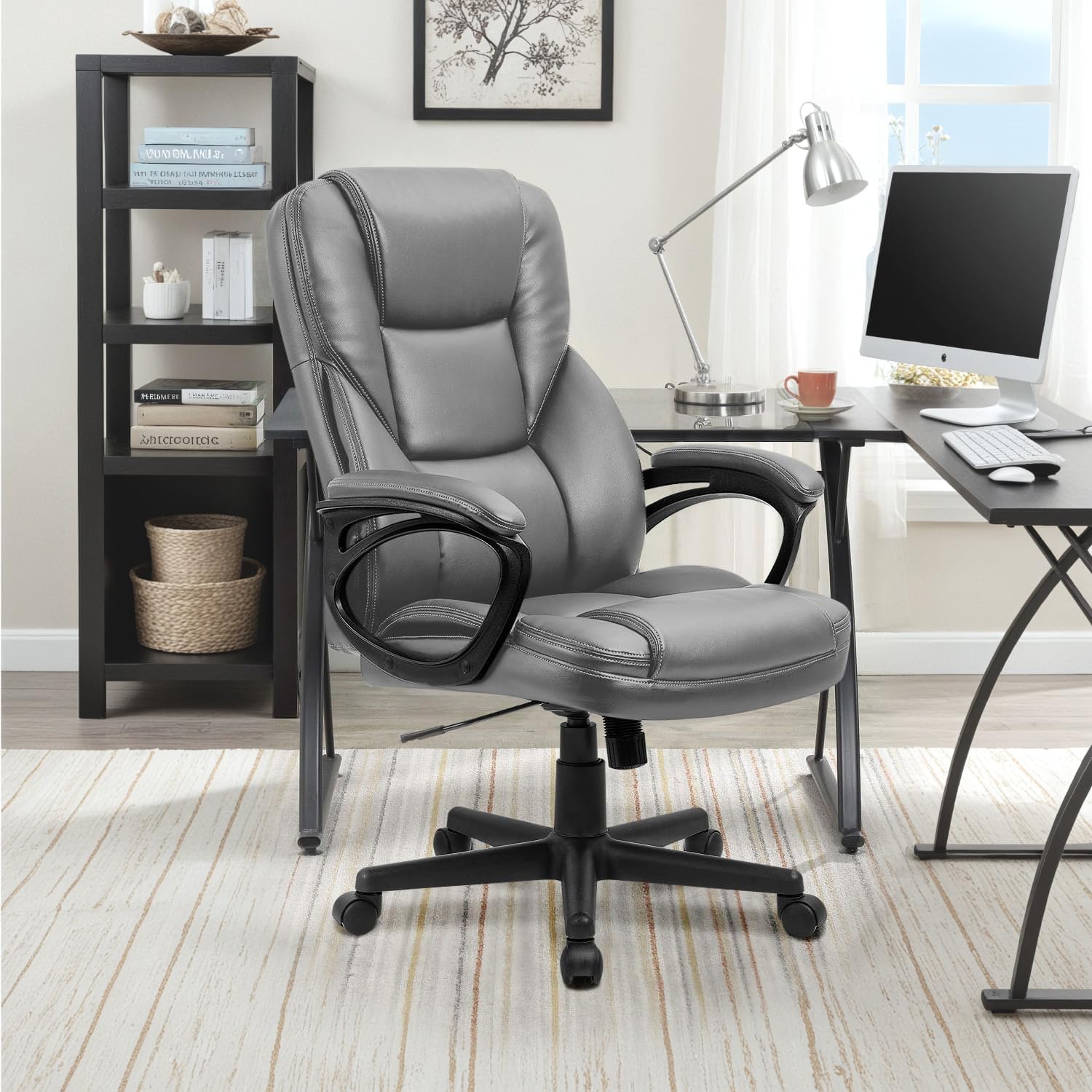 Furmax Office Executive Chair High Back Adjustable Managerial Home Desk Chair, Swivel Computer PU Leather Chair with Lumbar Support (1, Gray)
