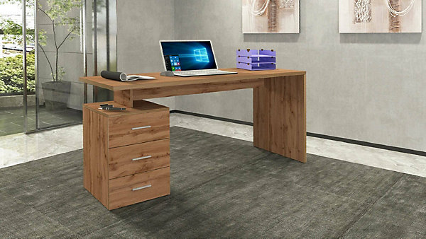 Bureau Siro, Bureau linéaire, Bureau polyvalent, Bureau multiposition gain de place, 160x60h75 cm, Chêne