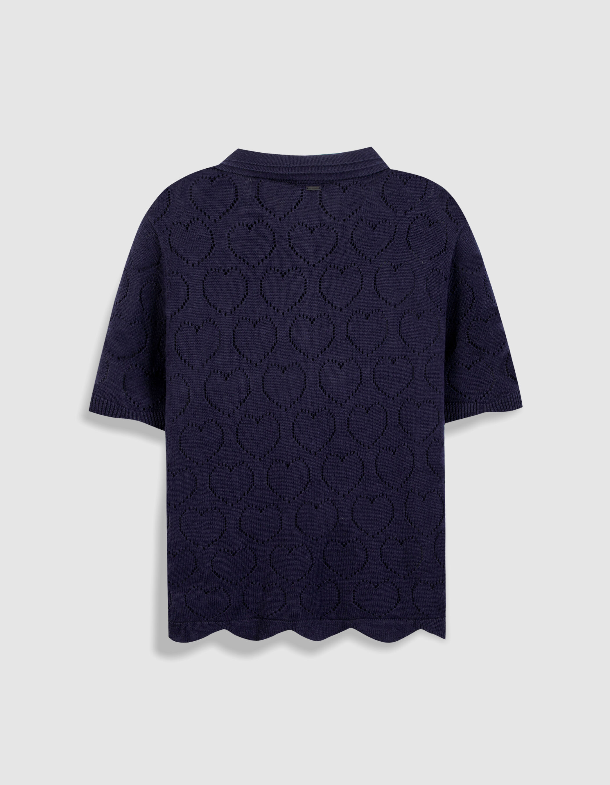 Pull col polo marine tricot ajouré cœurs Femme