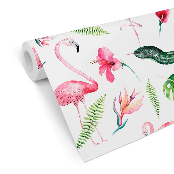 Vliestapete »Kinder Vliestapete«, Blumen Flamingo Vogel Pink, mehrfarbig, matt