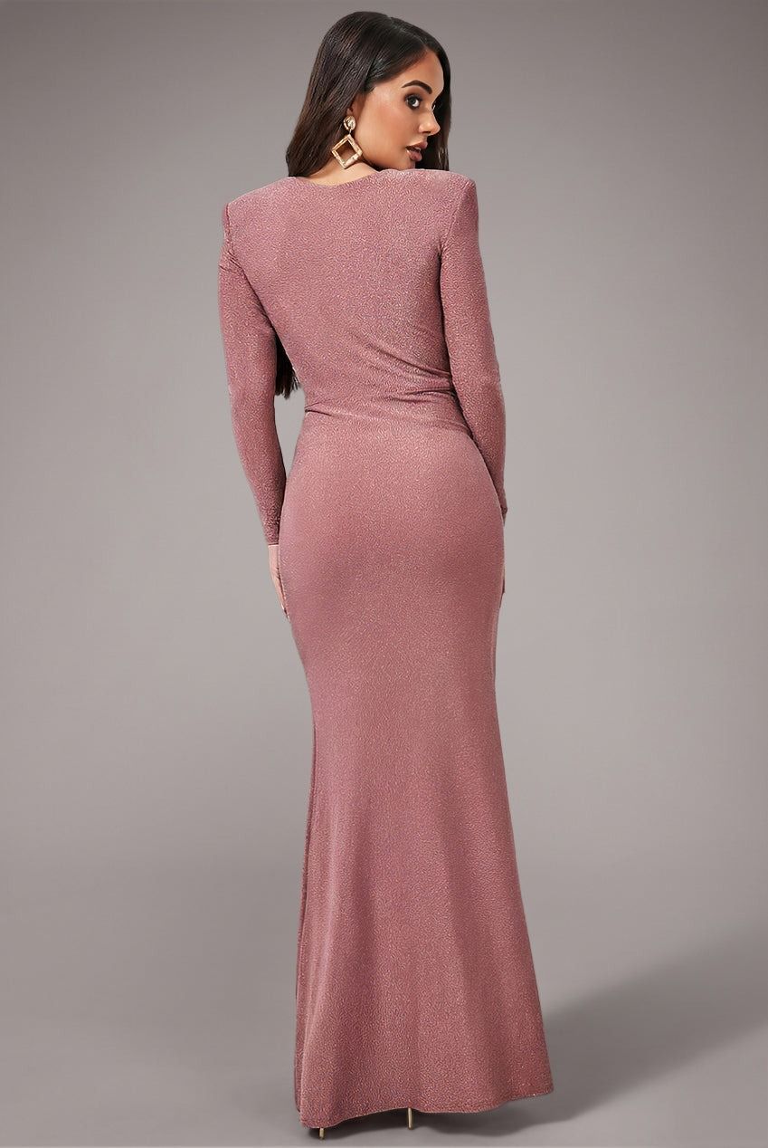 Goddiva Plunge Neck Wrap Front Split Sparkling Maxi Dress