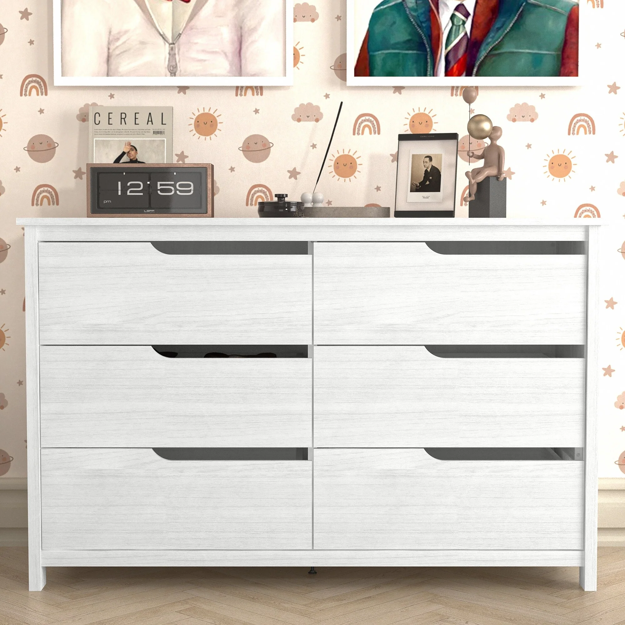 Cabbie Pearl White 6 Drawer 47.2 in. Wide Teen Dresser (Sturdy, Effortless Assembly with Interlocking Drawers)