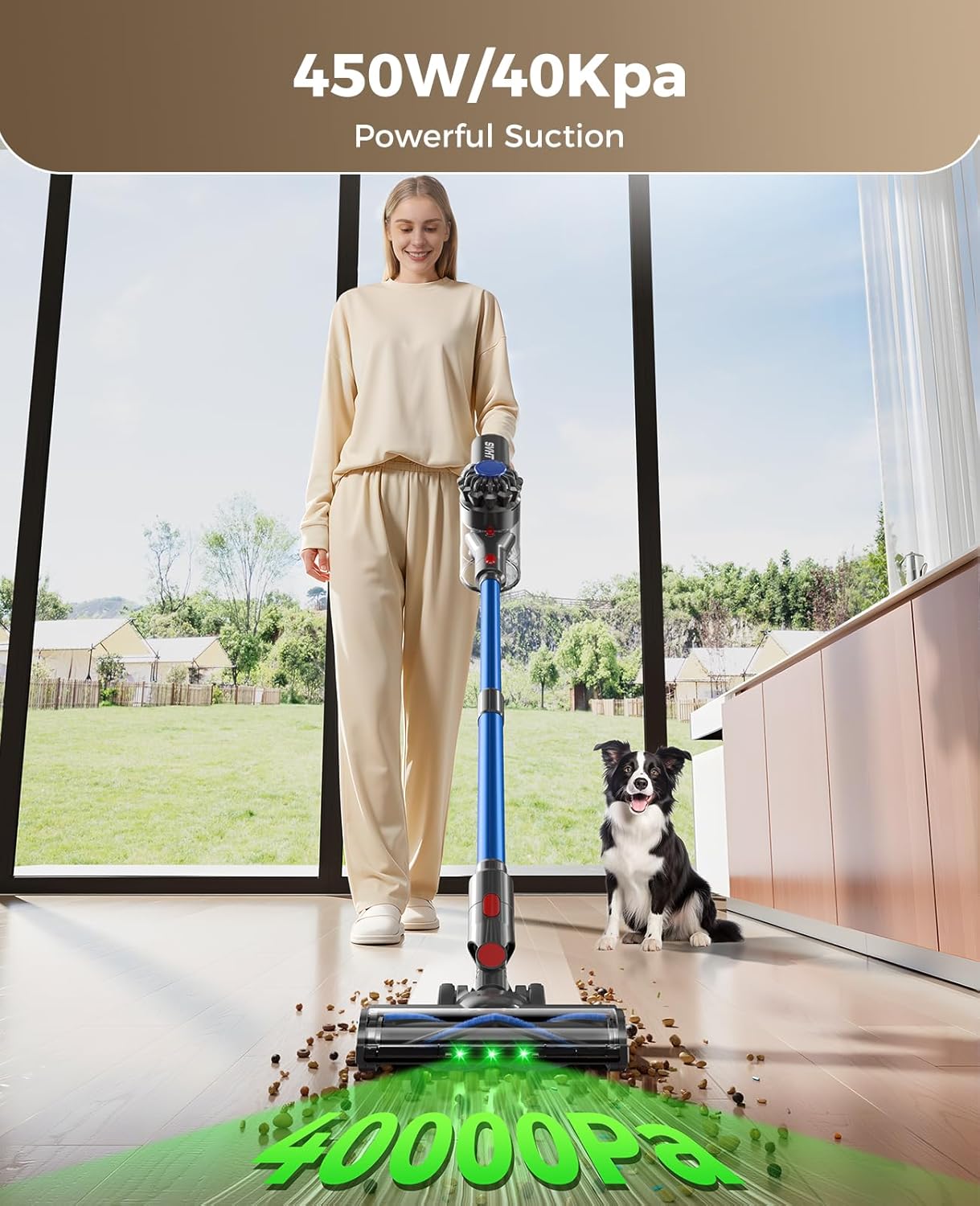 Cordless Vacuum Cleaner, 450W 40KPA Vacuum Cleaners for Home, 45Mins Lightweight Stick Vacuum with Advanced Green Light Tech, Rechargeable Battery Vacuum for Carpet,Pet Hair,Hardwood Floor