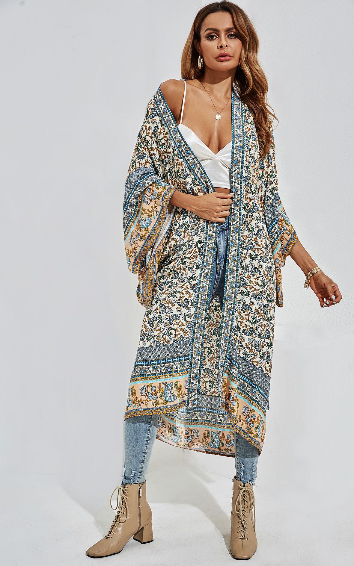 FS Collection Relaxed Cotton Kimono In Blue Floral