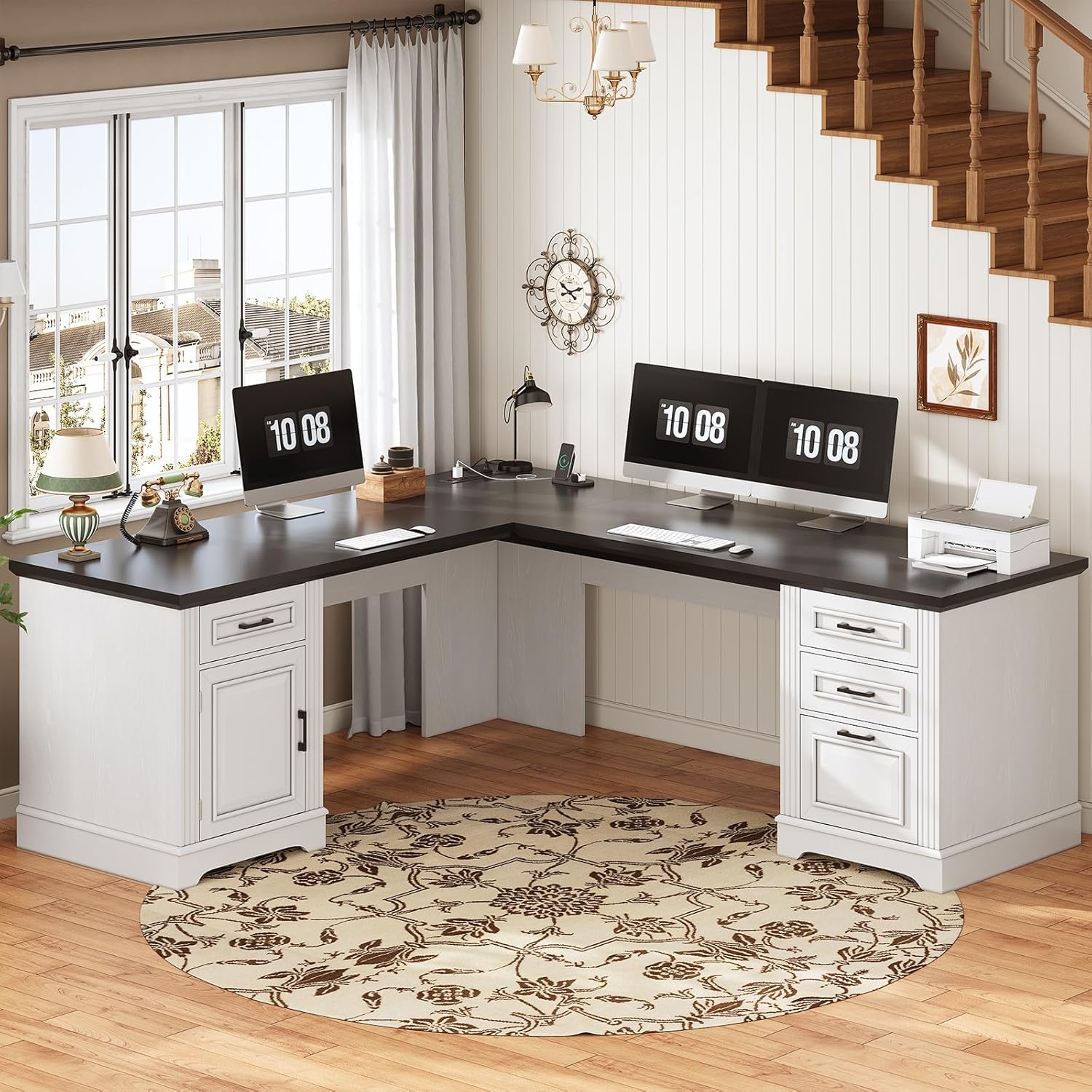 SEDETA Farmhouse 69 Executive L Shaped Desk, Home Office Desk with Drawers and Storage Cabinet & Power Outlet, Corner Computer Desk, White