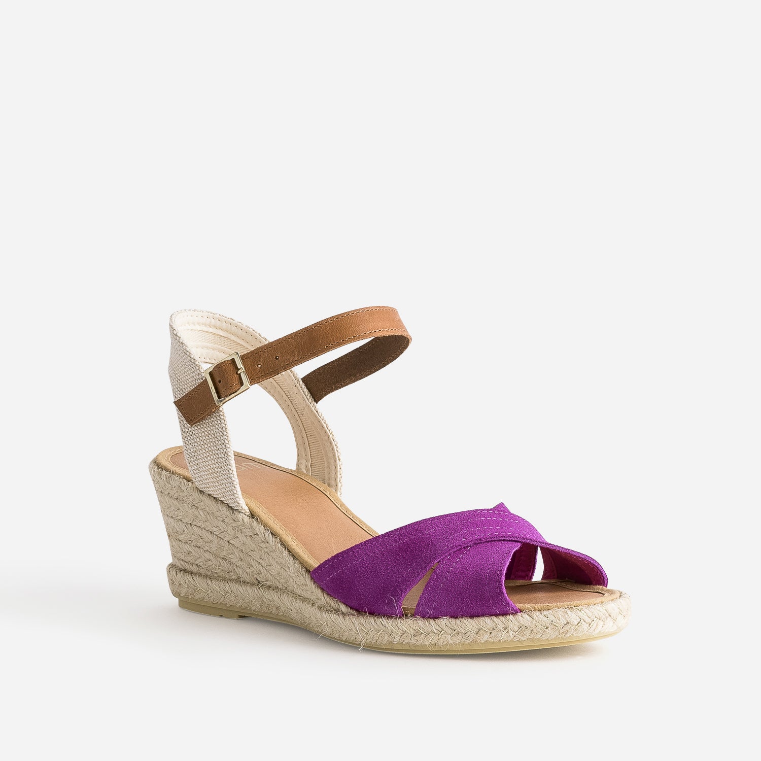 Sandale compensée fuchsia cuir velours éco-conçu