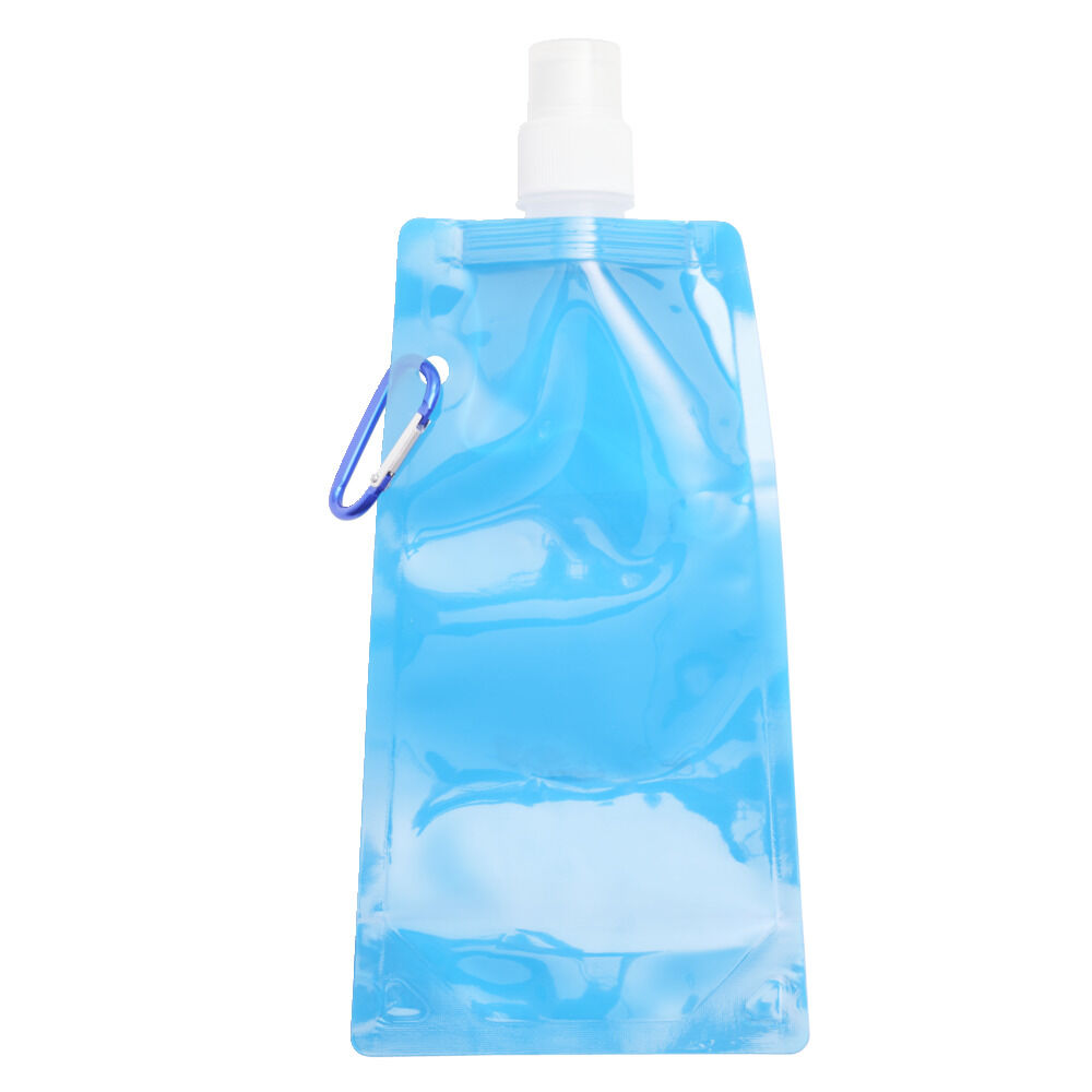 Gourde souple de voyage 480ml en plastique bleu avec mousqueton 12x26cm