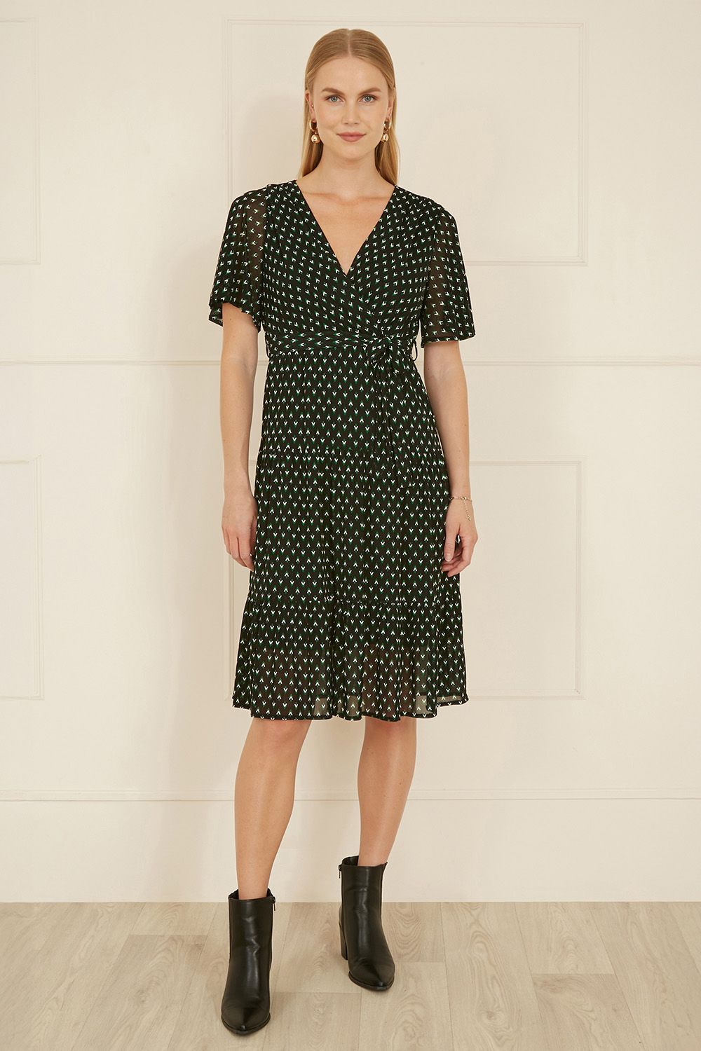 Yumi Black Dot Print Mesh Stretch Midi Skater Dress
