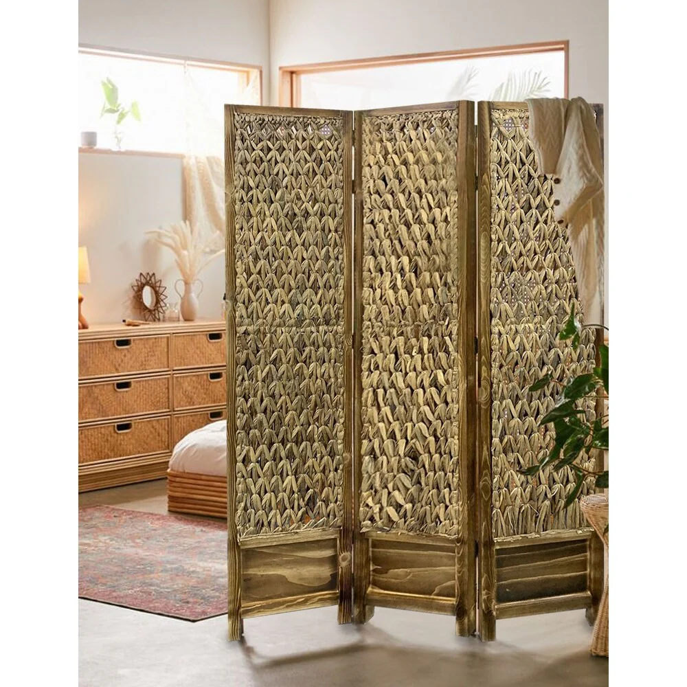 Casual Wood and Seagrass 3 Panel Room Divider Screen