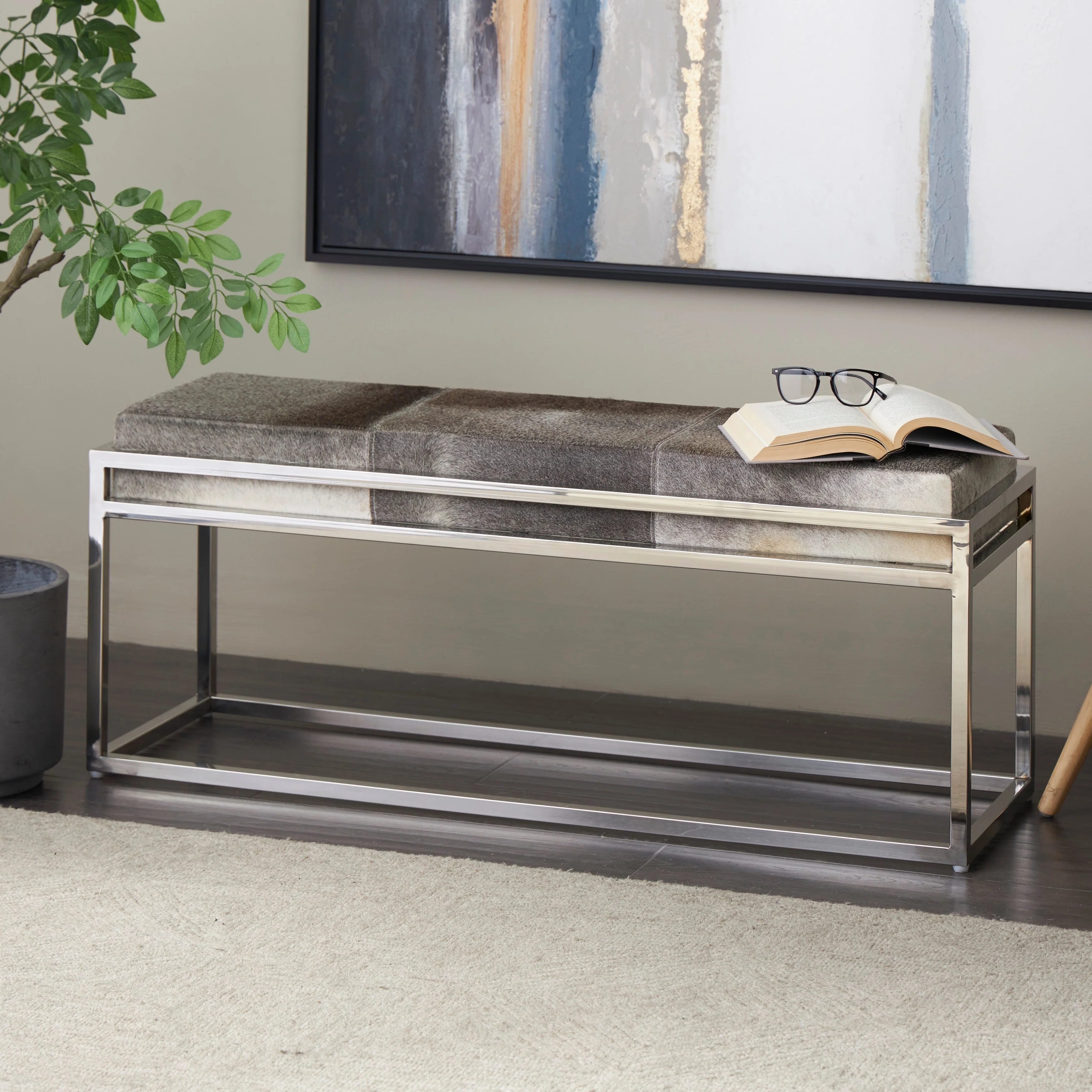 Leather Bench with Silver Stainless Steel Base - Gray - Roche River Decor - 14W x 44L x 18H