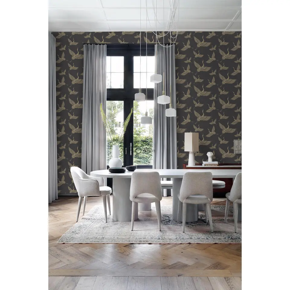 Origin Wallcoverings behang kraanvogels zwart en beige - 50 x 900 cm