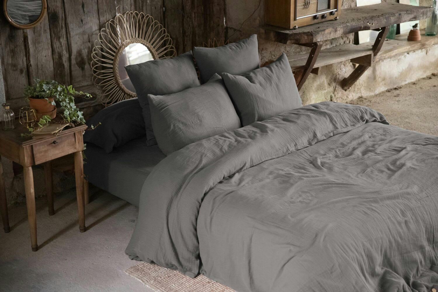 GRIS FONCE - Housse de couette gaze de coton gris 140x200 cm