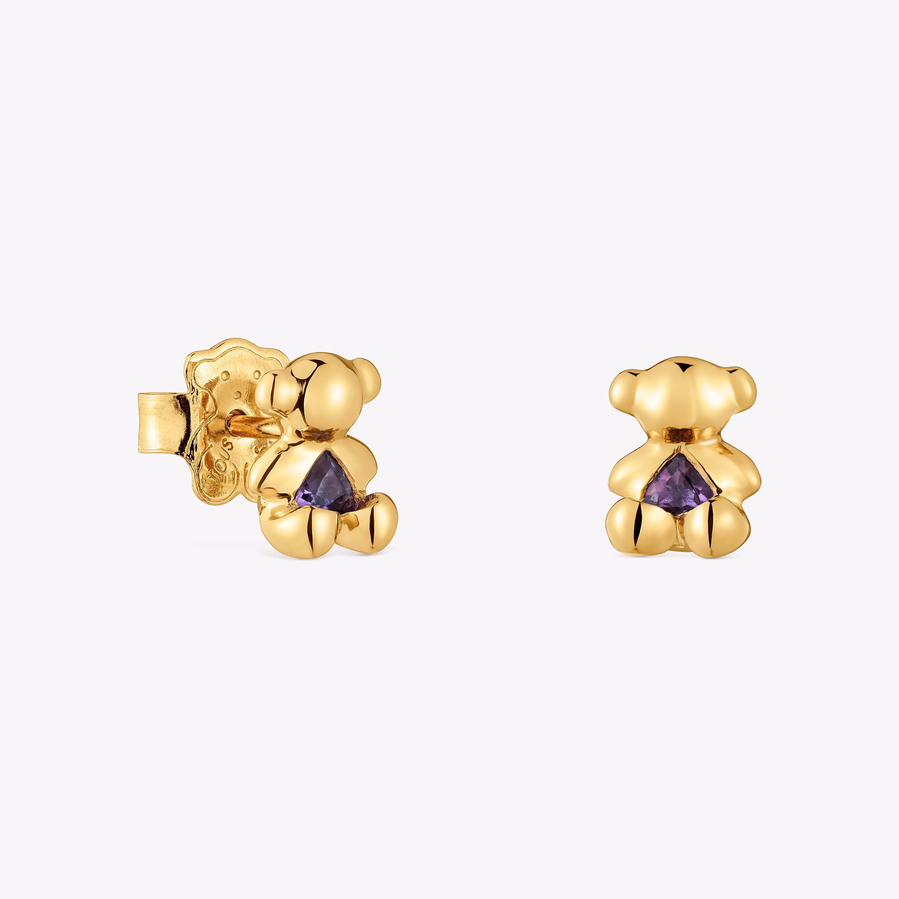 Pendientes oso pequeños con baño de oro 18 kt sobre plata y amatista Bold Bear