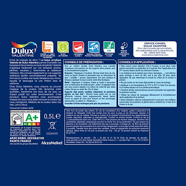 Laque Valénite Dulux Valentine Acrylique satin blanc cassé 500ml