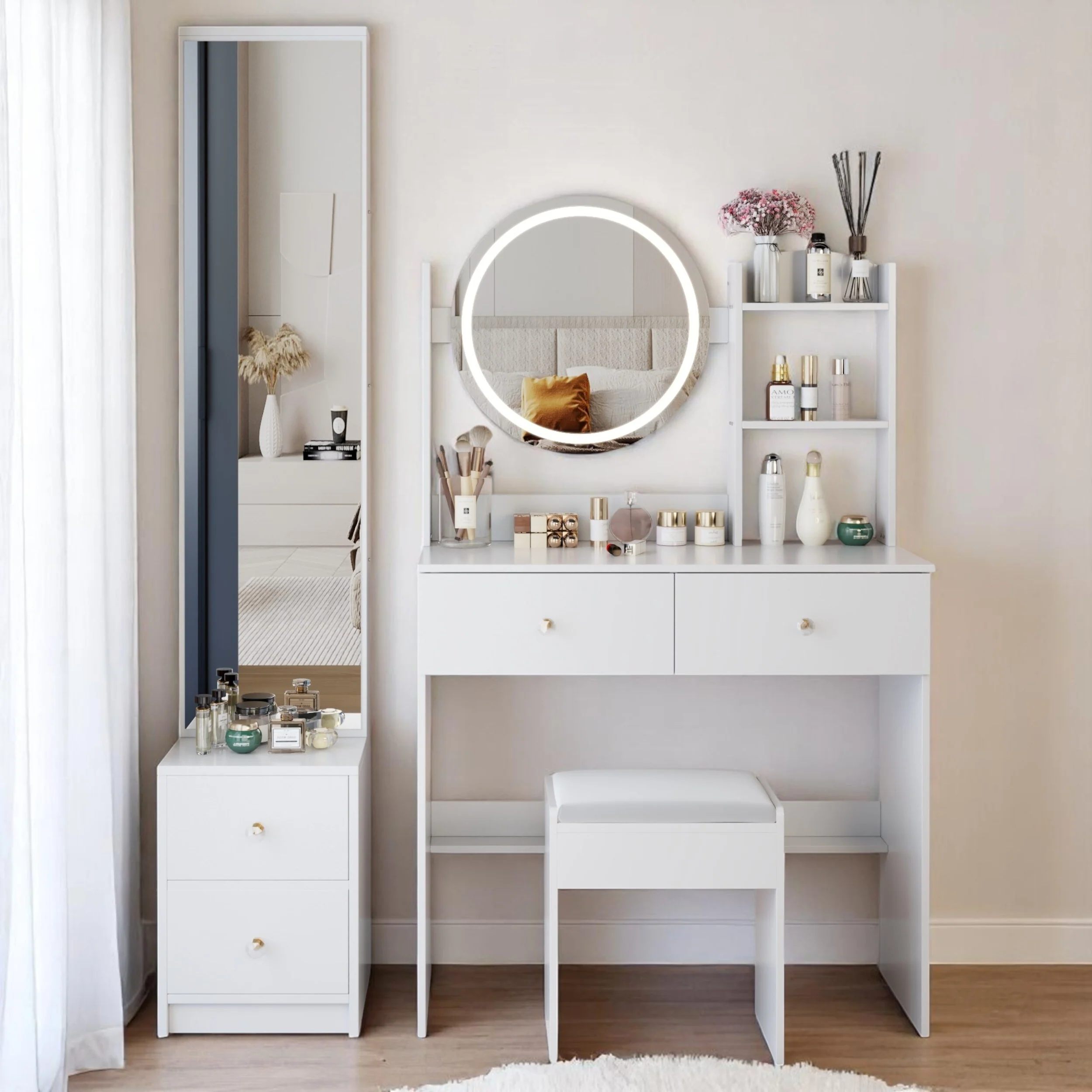 KISRAIS 43.3 Fashion Vanity Desk with Mirror and Lights, 3 Color Lighting Brightness Adjustable