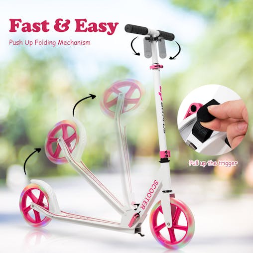 NNECW Folding Kick Push Scooter with Flashing LED Wheels-Pink
