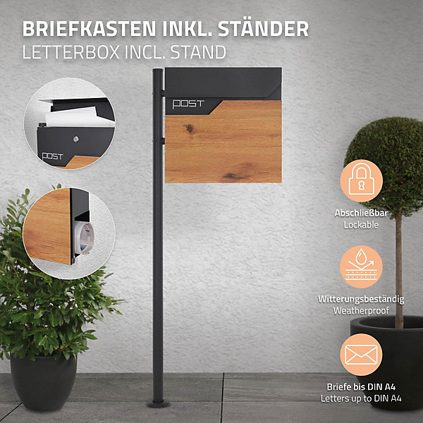 Boîte aux lettres sur pied piedestal boîte postale anthracite avec aspect bois